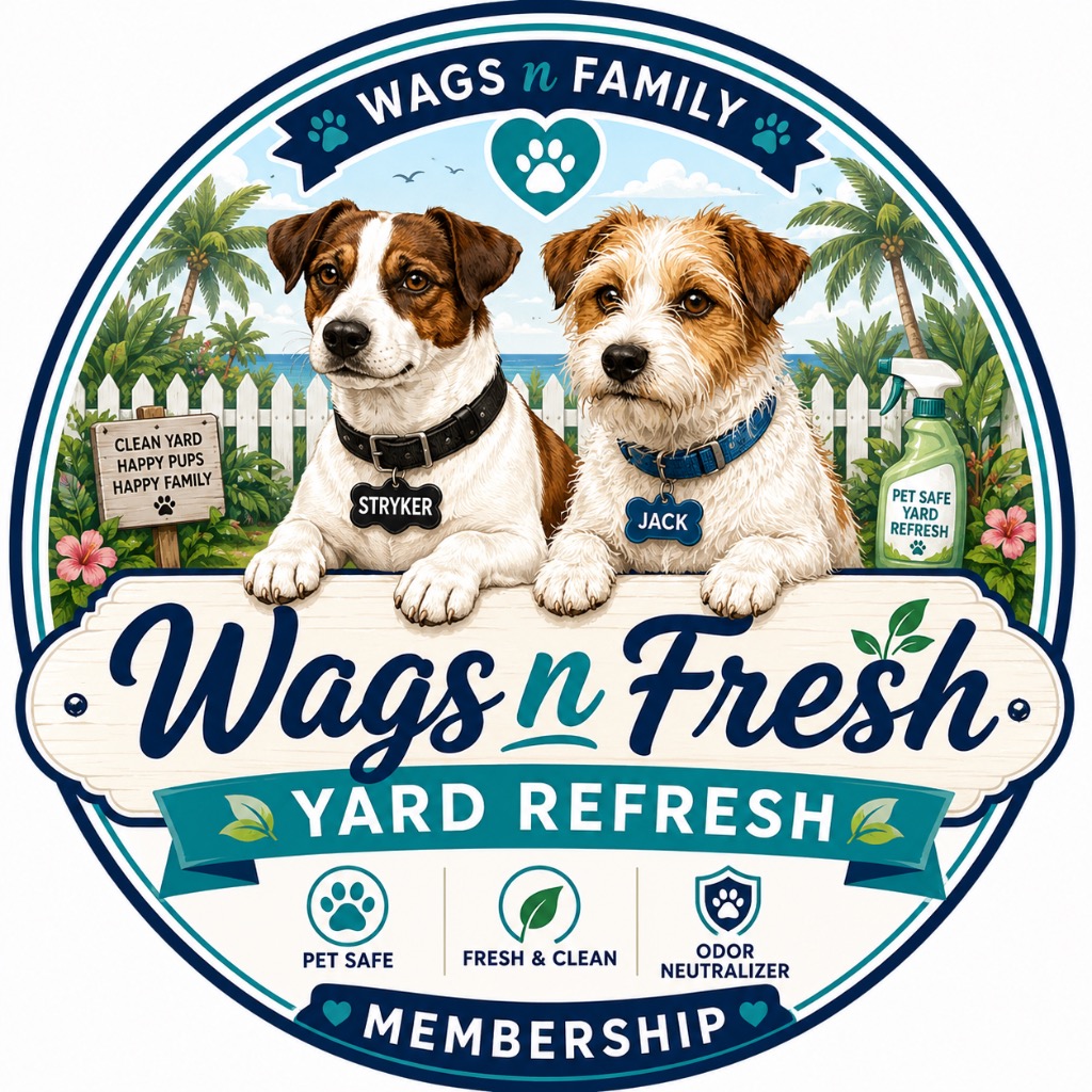 Wags n Fresh Yard Refresh — pet-safe odor neutralizer featuring Jack and Stryker